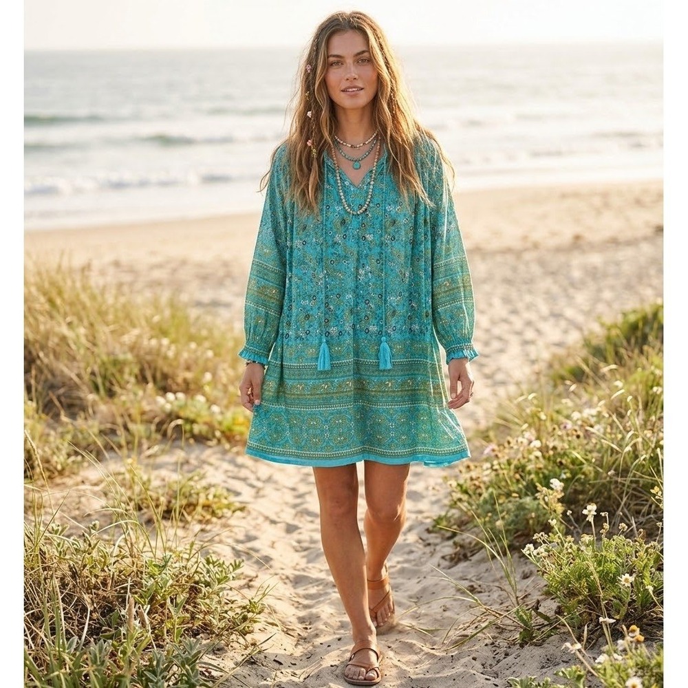 NATURAL LIFE Dara Long Sleeve Dress Turquoise Floral Boho Chic M Coastal Prairie
